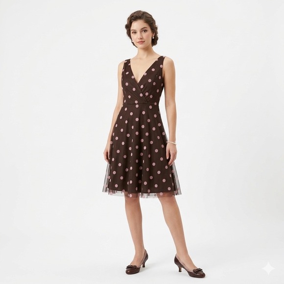 A Byer Dresses & Skirts - Vtg 90s Y2K A. Byer Midi Dress Sm Brown Pink Polka Dot Mesh Overlay Fit & Flare